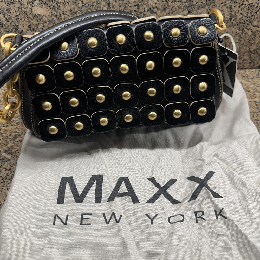 Maxx New York Y2K 2000s Shoulder Bag Women Small Black Leather Chain GoldStudded
